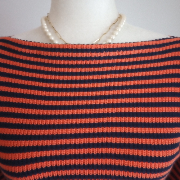 Ralph Lauren Orange Navy Blue Striped Shaker Knit Boat Neck Sweater Size Small - Picture 6 of 15